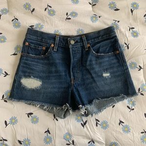 Levi’s 501 dark wash distressed button fly denim shorts